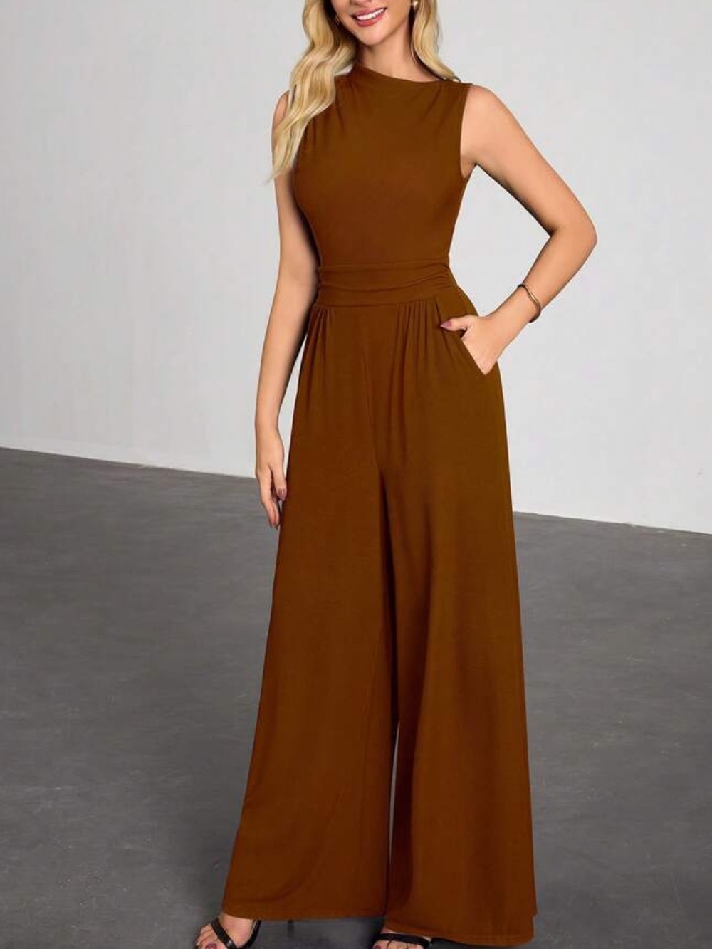 Sleeveless Wide-Leg Jumpsuit in Brown